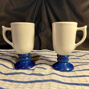 2 Vintage "Sterling" Irish Coffee Pedestal Mugs made in the USA, navy and white
